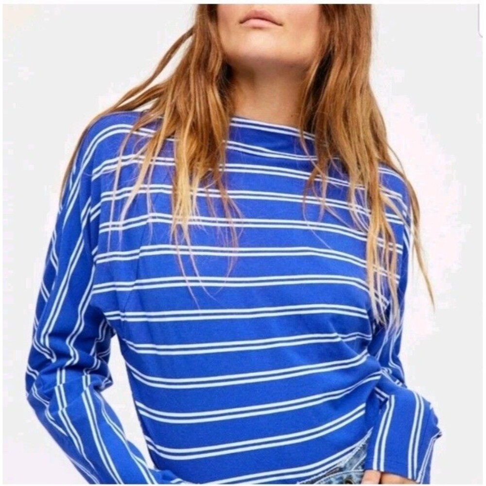 Free People Ardmore Womens XS Blue Nautical Stripe Keyhole Tie Long Sleeve Top